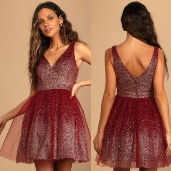 Lulus Women's Skater‎ Mini Dress Burgundy Sparkling Gold Fairy Grunge Whimsigoth - Picture 1 of 3
